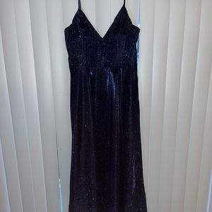 Shimmer V Neck Maxi Dress in navy from francesca’s